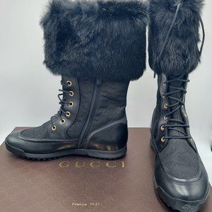 Gucci GG Black Nylon Leather Rabbit Combat Boots